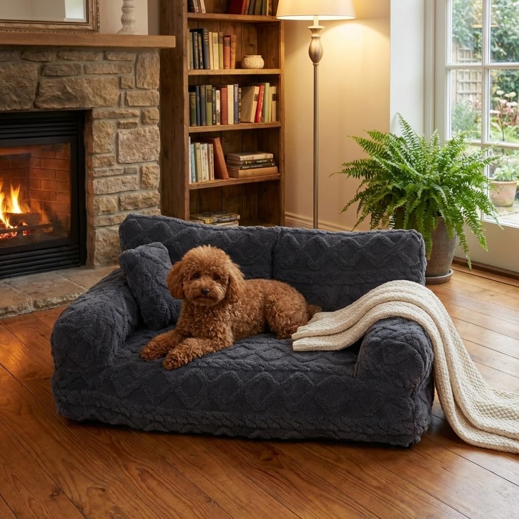 2026 New Plush Calming Pet Sofa Bed, Orthopedic Dog Bed with Removable Washable Cover, Raised Rim Non-Slip Bottom for Small Large Dogs & Cats, For Large Small Dogs & Cats (D, L)