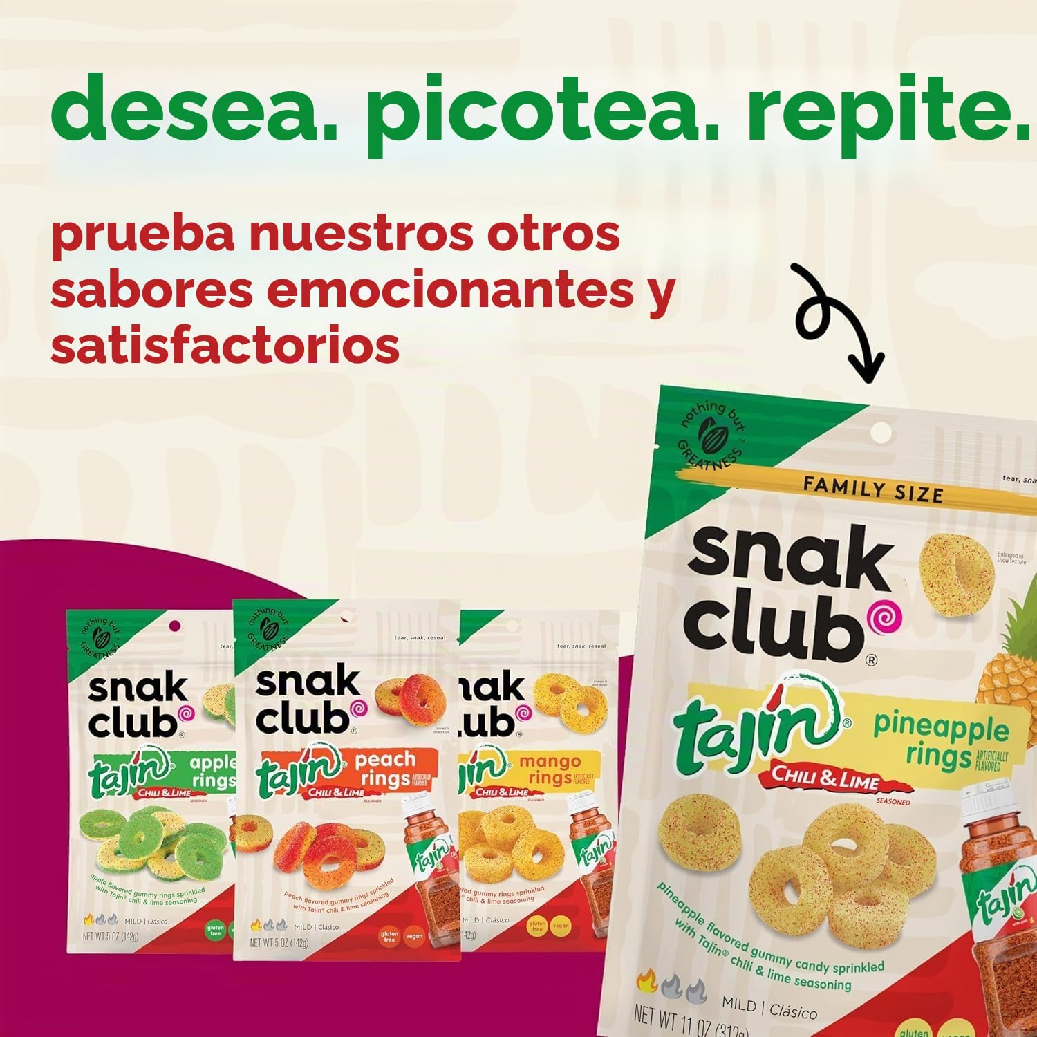 Snak Club Tajin Anillos de sandía, bocadillos de gomitas de chile y lima, sabor suave en calor, aperitivo sin gluten, 2.25 onzas, (paquete de 12)