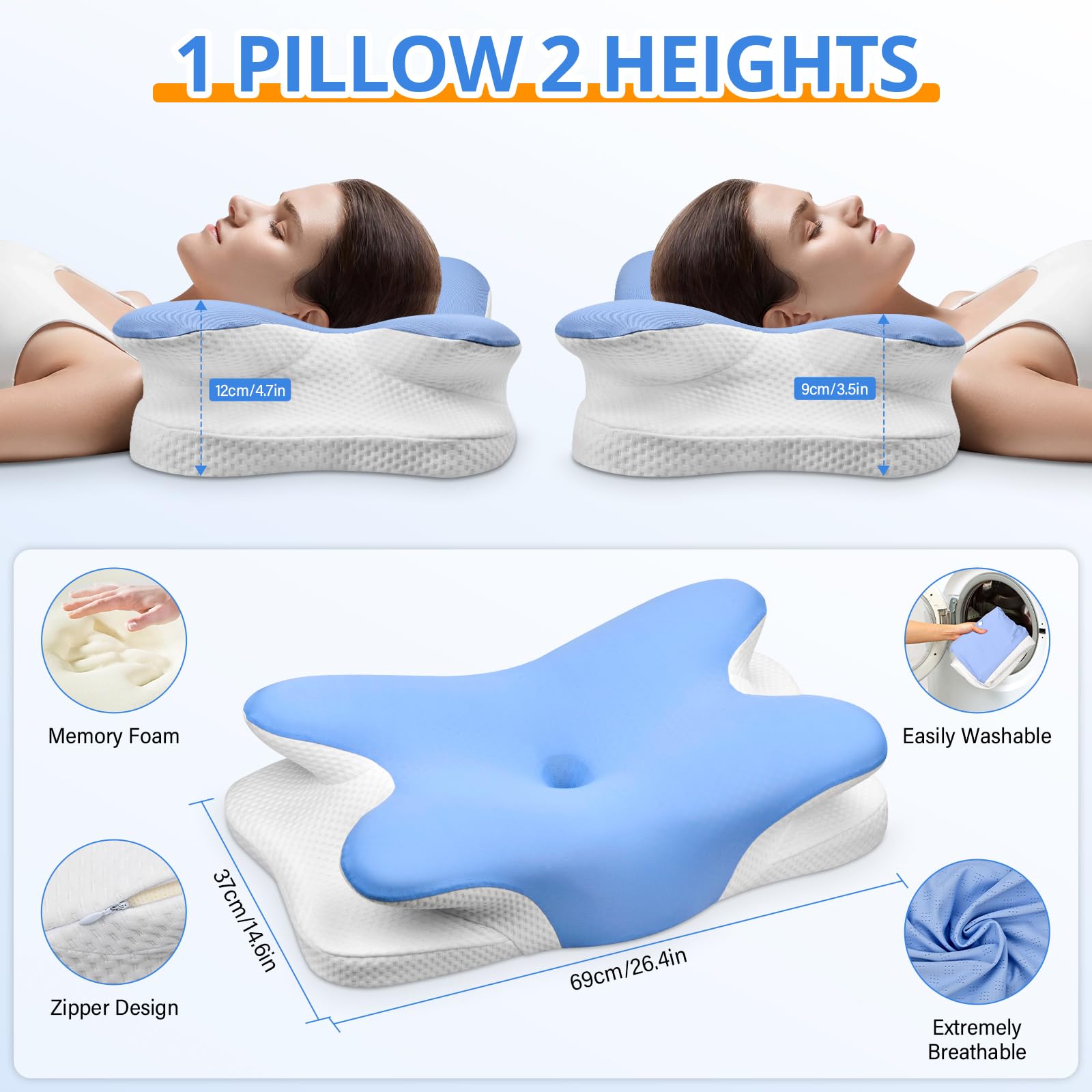 Ehomfory Cuscino Cervicale per Dormire, 2 in 1 Cuscino Ergonomico in Memory Foam, Cuscino per Supporto Cervicale con Federa Sfoderabile e Lavabile, 62x41x9/12 cm (Blu)