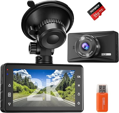 Dash Cam frontal 2K con tarjeta SD de 64 GB 1440P Quad HD cámara de tablero para automóviles con excelente visión nocturna, pantalla de 3 pulgadas,