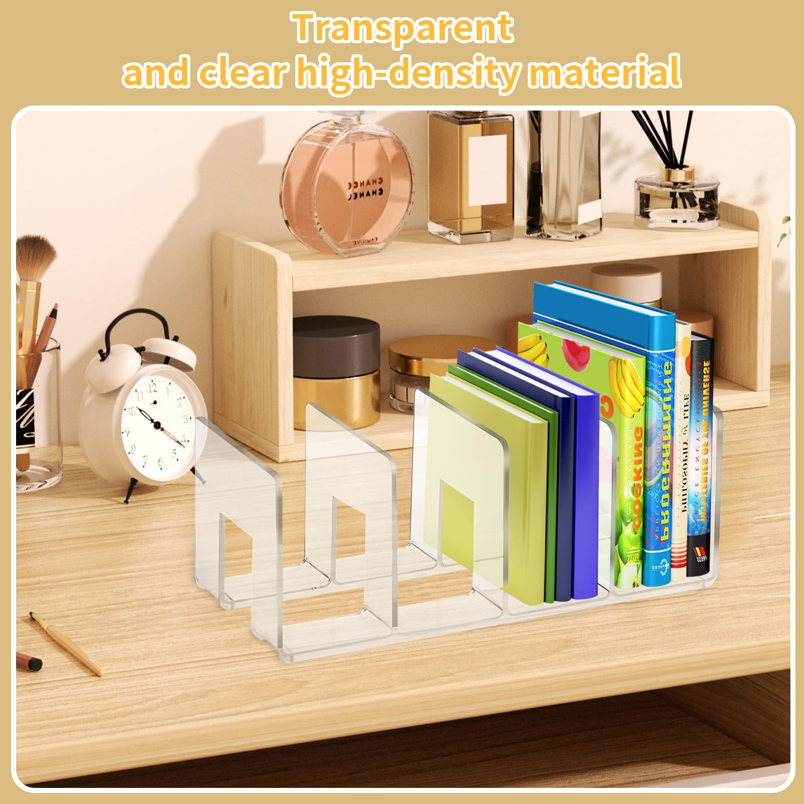 Organizador de Archivos Acrílico Transparente, Organizador Vertical de Escritorio Soporte de Libros Acrílico para Hogar, 4 compartimentos, Divisor de Estante para Revistas y Documentos, 32x14,5x13cm