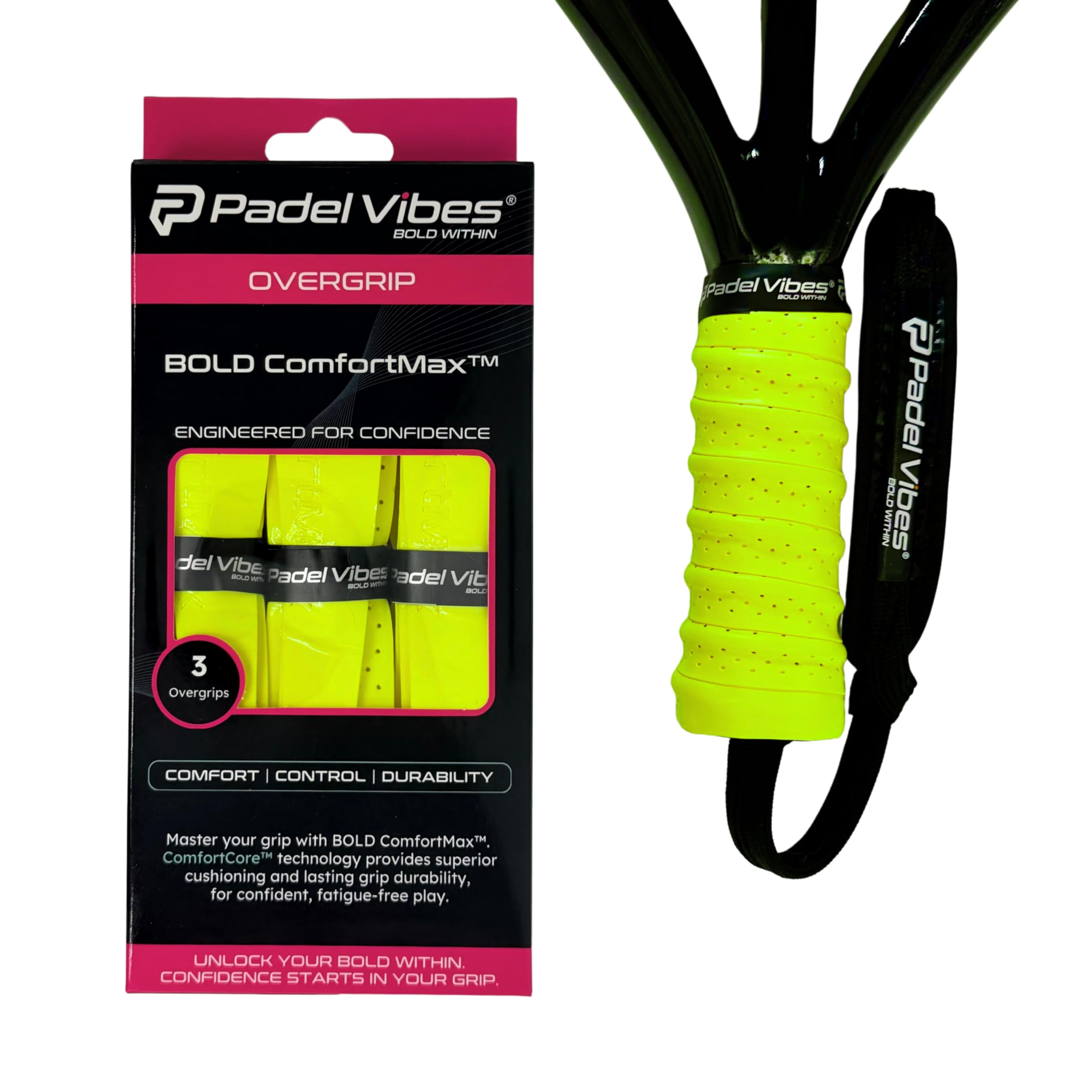 Padel Vibesยฎ ComfortMaxโข Padel Overgrips | Cushioned, Ergonomic, Shock-Absorbing, Durable | Secure Grip for Padel, Tennis, Badminton, Squash & Pickleball (Neon Yellow | 3-Pack)