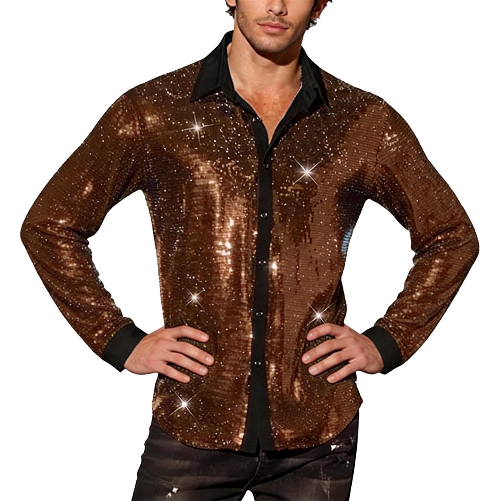 Camisa brillante para hombre, manga larga, carnaval, lentejuelas, disfraz, música, festival, fiesta temática, club nocturno, brillante