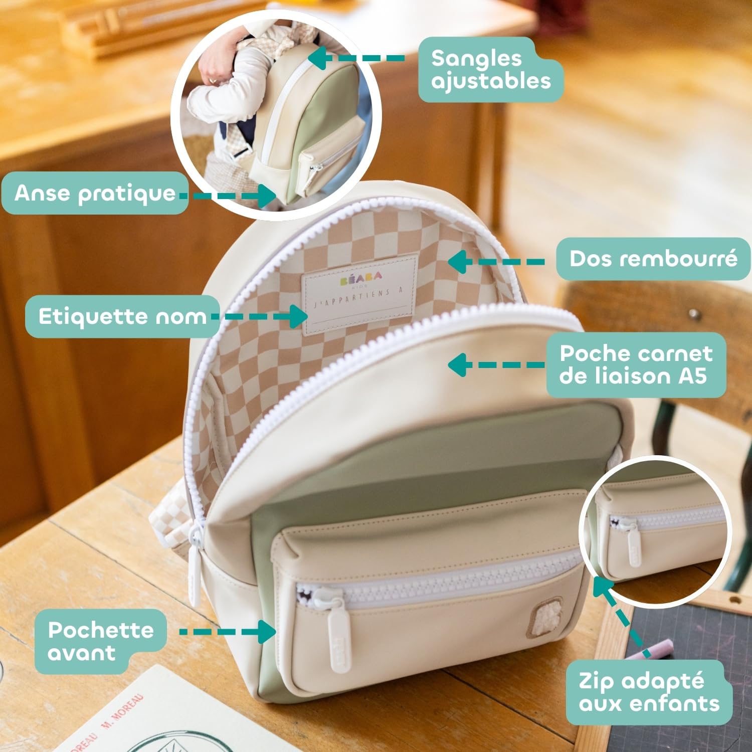 BEABA, Sac à Dos Enfant Maternelle, Cartable, 2 Poches, Etiquette Prénom, Effet Gomme, Large Zip, Anses Ajustables, Dos Rembourré, Waterproof, Moderne, Robuste, Facile à nettoyer, Faro, Vert de gris