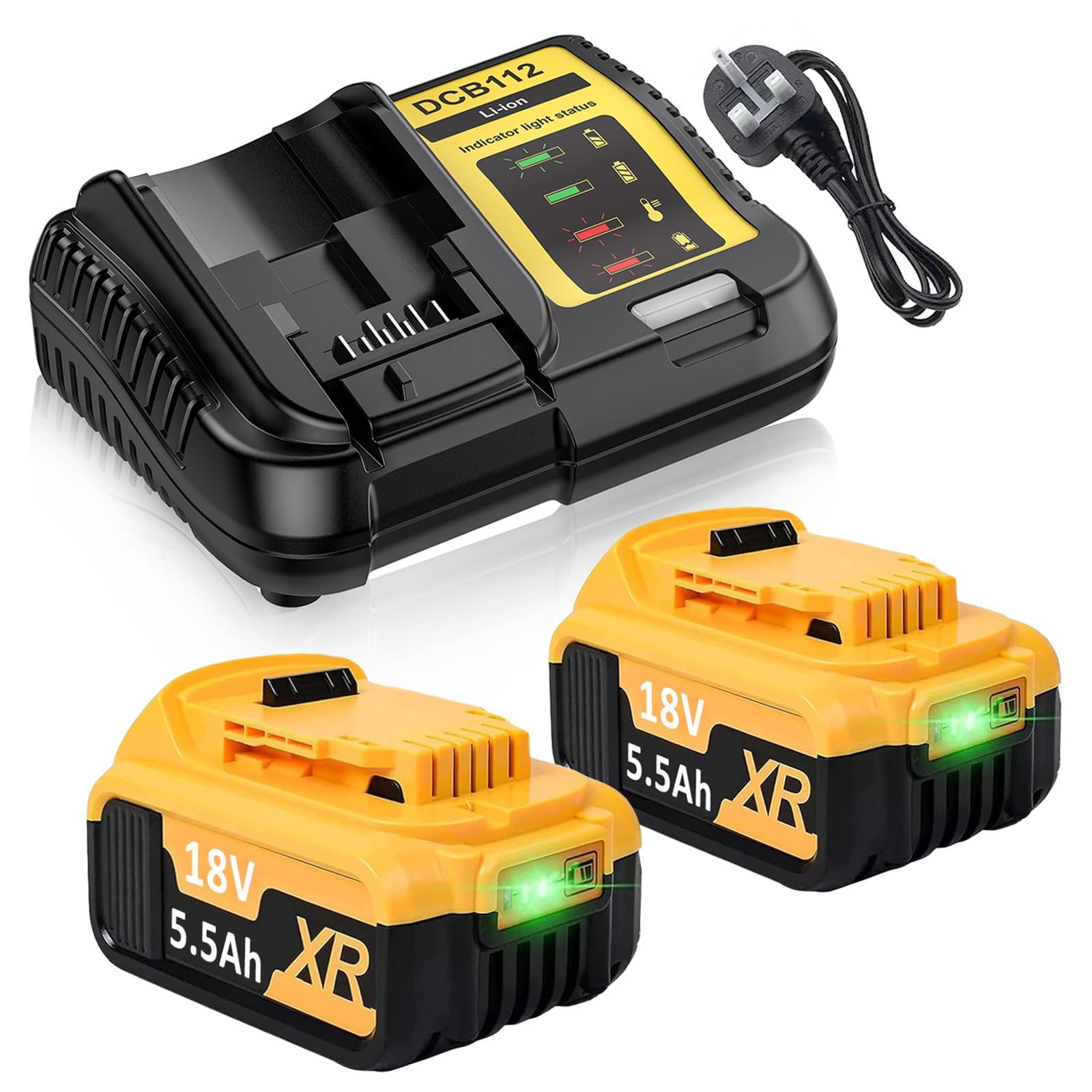 2X 18V 5.5Ah DCB182 Li-Ion replacement battery for Dewalt 18v Battery Charger Set Compatible with DCB180 DCB181 DCB182 DCB184 DCB185 DCB201 DCB204, for 18v Tools