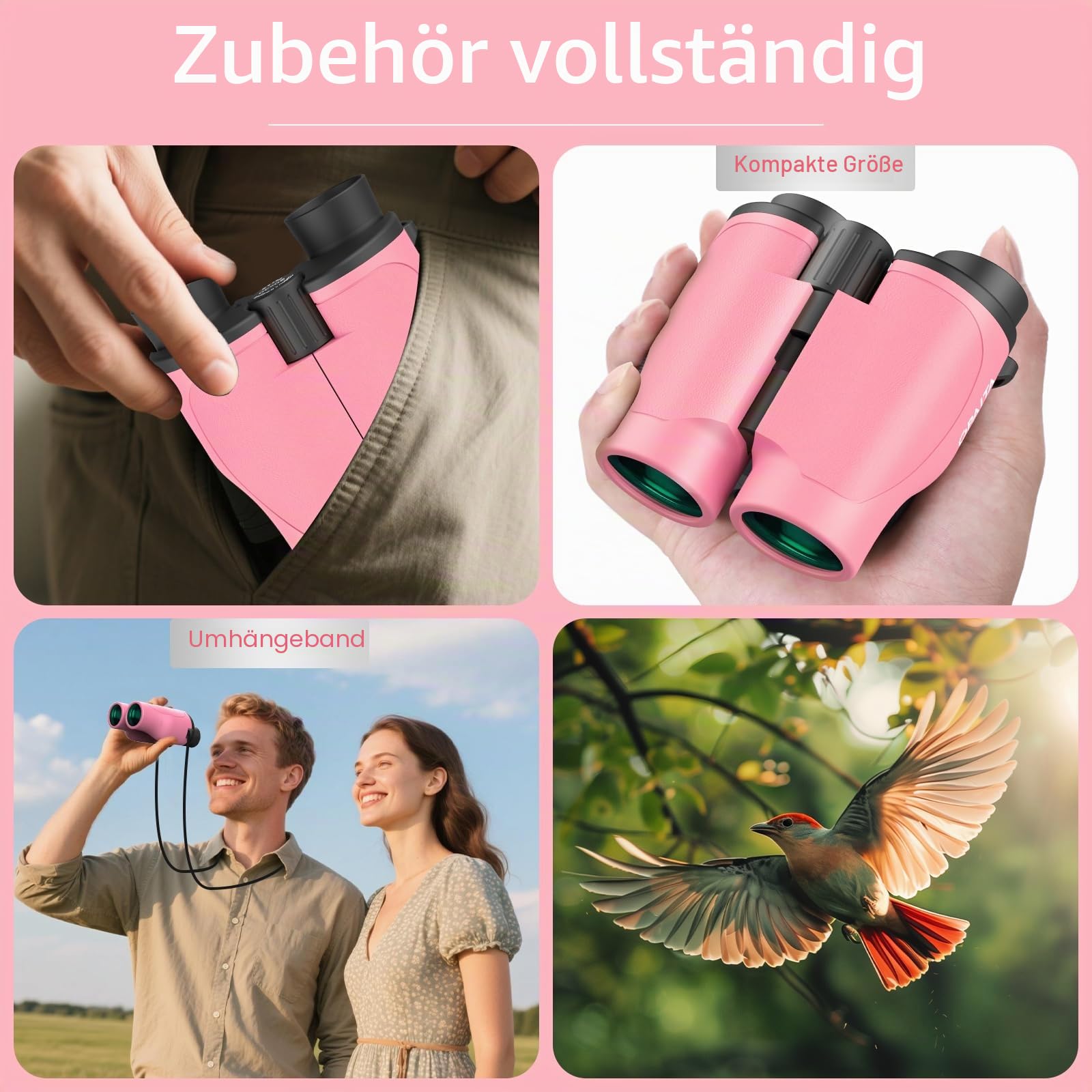 Kompaktes Fernglas für Erwachsene, Hochleistungsfernglas, 20x32 Mini-Fernglas für Erwachsene und Kinder mit Sicht bei schwachem Licht, für Jagd, Kreuzfahrten, Reisen, Konzerte, Wandern, rosa
