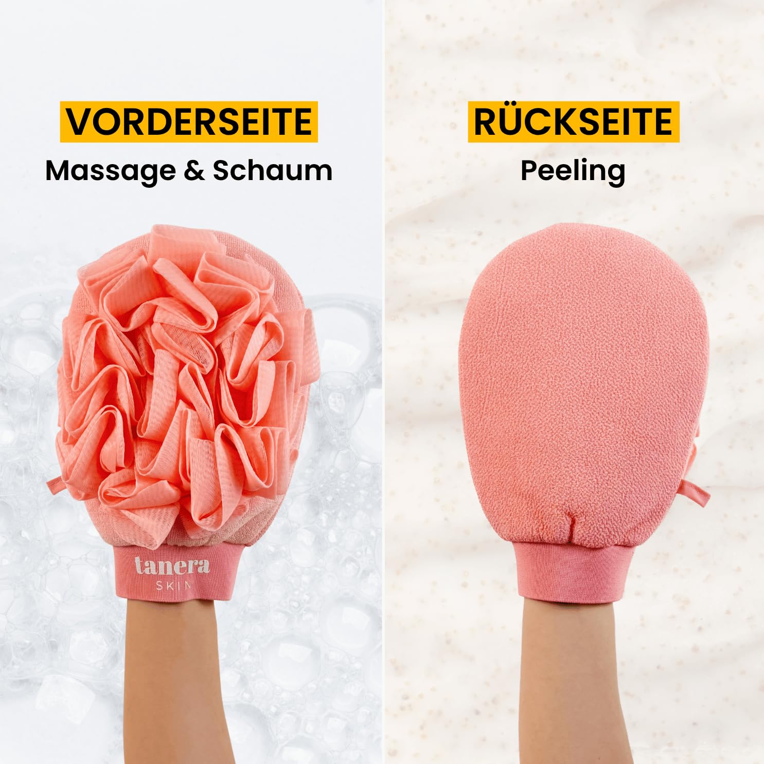 2-in-1 Tanera Skin Peeling Handschuh für Körper - das Original aus Die Höhle der Löwen - Reibeisenhaut, Keratosis Pilaris, Selbstbräuner Entfernung, Unreine Haut, Erdbeerbeine, Kessa Hamam Body Scrub
