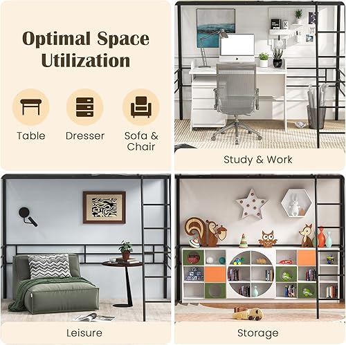 Miniatura 8 de Giantex Cama tipo loft de tamaño individual, marco de cama de metal con escalera y barandilla de seguridad, ahorro de espacio con amplio espacio