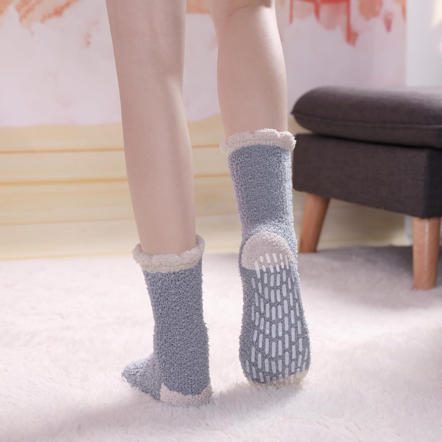 LINEMIN Non-Slip Fuzzy Socks for Women - Cozy Hospital Soft Fluffy Socks With Grips - Winter Warm Slipper - Image 2