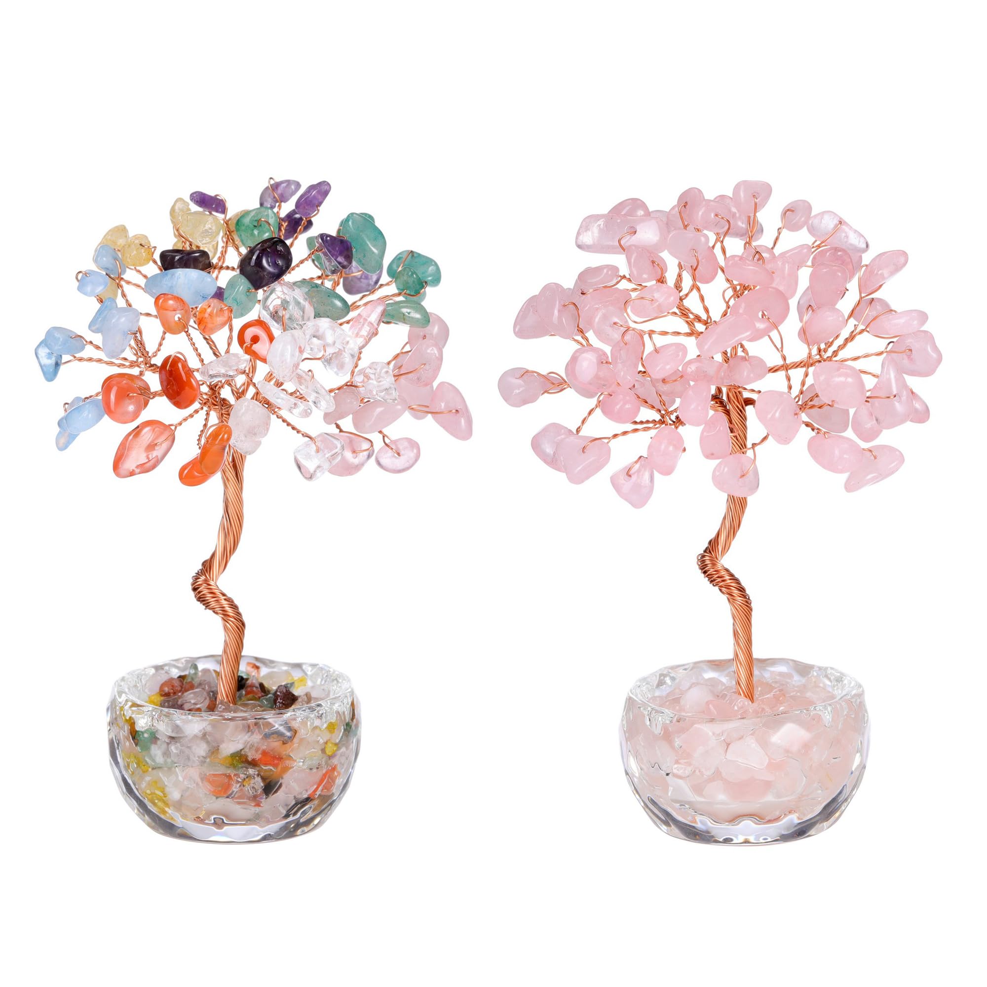 CrystalTears 2pcs Mini Crystal Trees Gifts for Women, Chakra Rose Quartz Healing Gemstone Money Tree for Home, Office Desk Decoration, Good Luck Crystal Gifts for Friends Mum Christmas Birthday