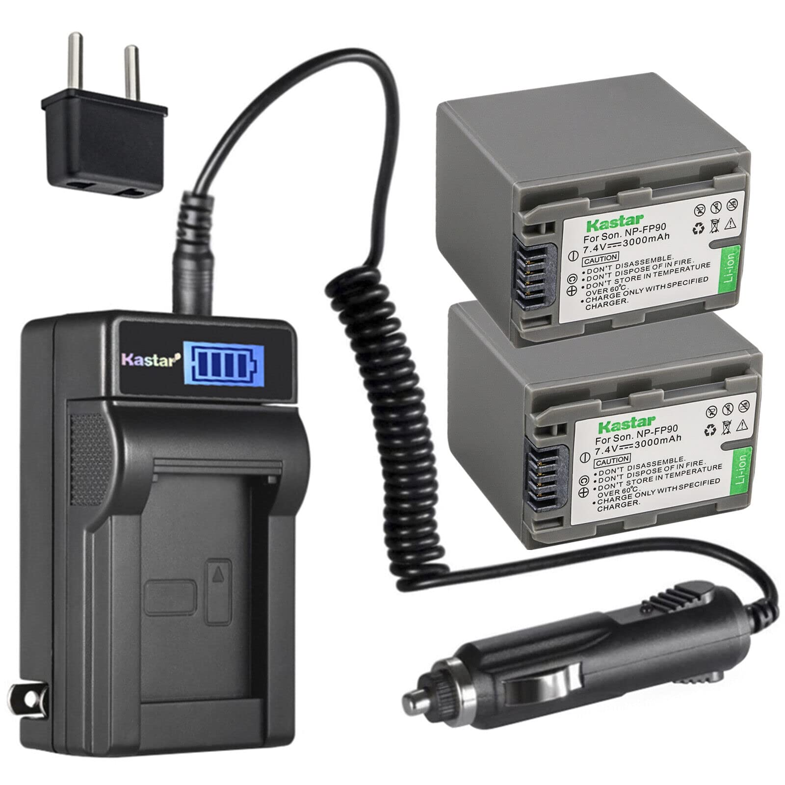Kastar 2-Pack NP-FP90 NP-FP91 Battery and LCD AC Charger Compatible with Sony DCR-SR70, DCR-SR80, DCR-SR90, DCR-SR100, HDR-HC3, HDR-HC3E, DCR-DVD103,