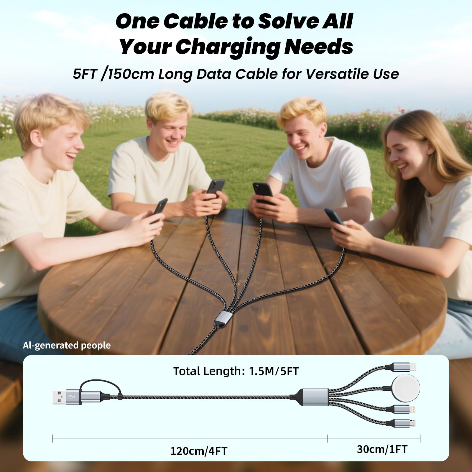Travel Essentials 4-in-2-Multi-Ladekabel für Uhren-Ladegerät, USB-A/USB-C-Ladekabel/Kabel für alle Geräte, kompatibel mit Watch Ultra/SE/10–1, iPhone 17–11, Android und mehr