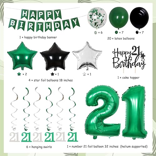 Miniatura 5 de Cheereveal Decoraciones de cumpleaños número 21  Cartel de feliz cumpleaños verde y negro, decoración de pastel, globo de aluminio del número 21,