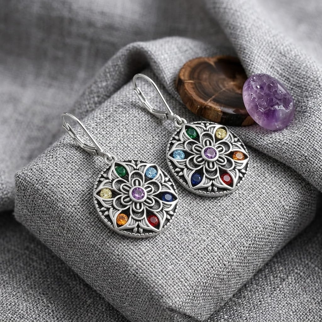 DAYLINLOVE 7 Chakra Ohrringe 925 Sterling Silber Mandal Lotus/Blume des Lebens Abalone Muschel Hänge Ohrringe Chakra Schmuck Geschenk für Damen Frauen Mädchen