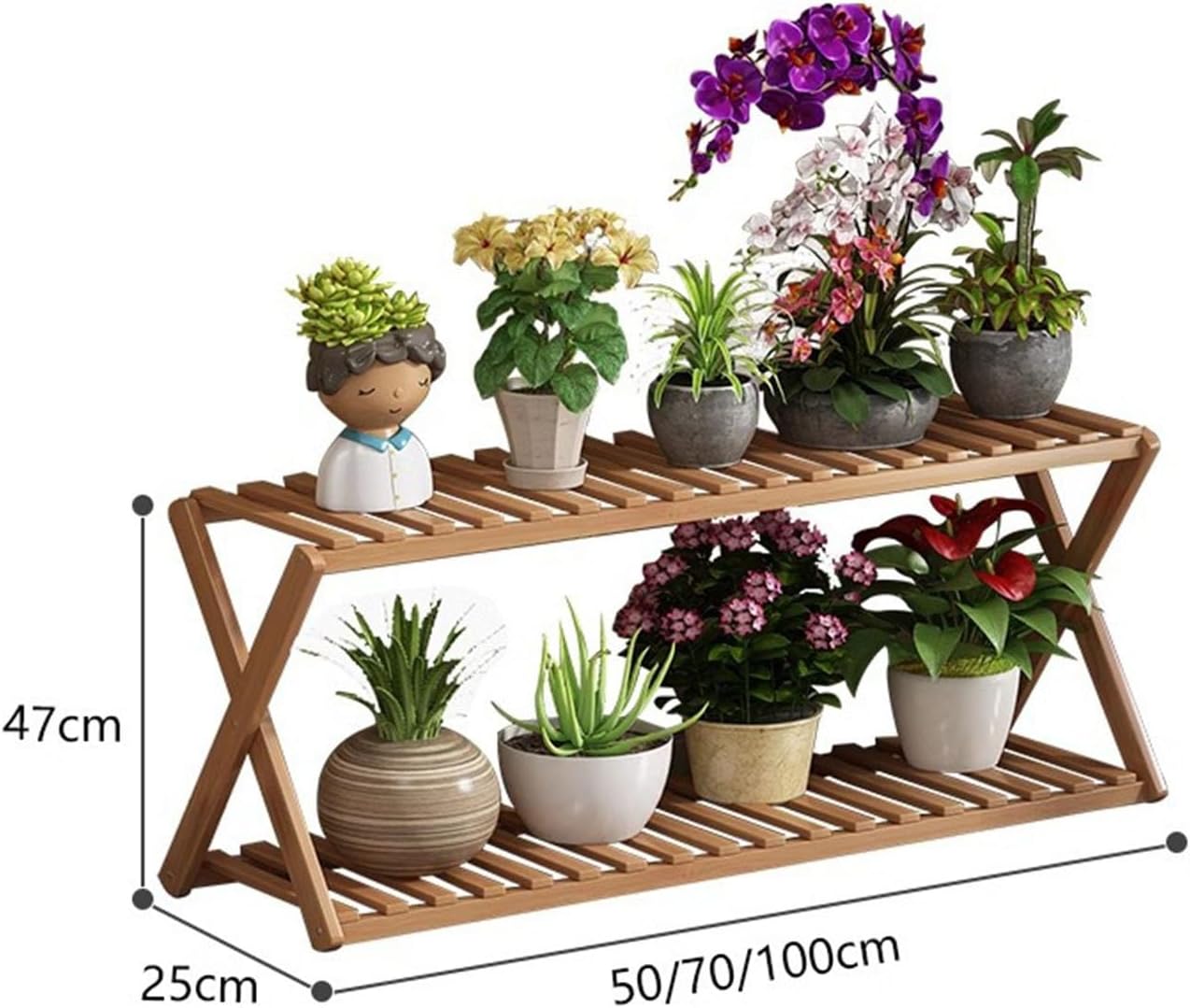 KYOFIS 2 Tier Plant Stand Indoor, Wood Corner Flower Pot Shelf, Small Bamboo Planter Rack for Patio Balcony, X-Cross Holder for Garden Living Room Decor(Brown,70cm)
