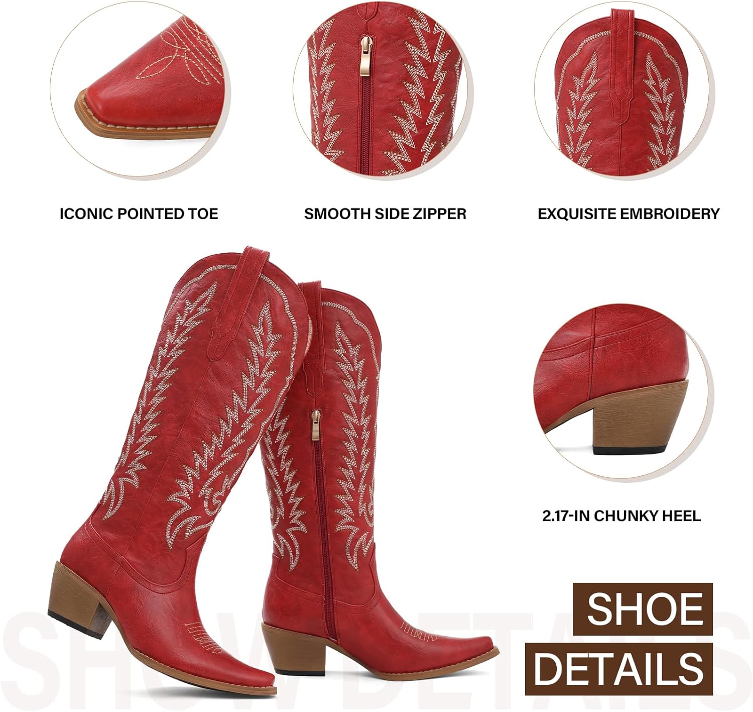 Tscoyuki Womens Cowboy Boots | Knee High Western Cowgirl Boots, Comfortable Chunky Heel, Classic Embroidery, Pointed Toe, Side Zipper & Pull On Tabs for Concert, Rodeo & Country Festival