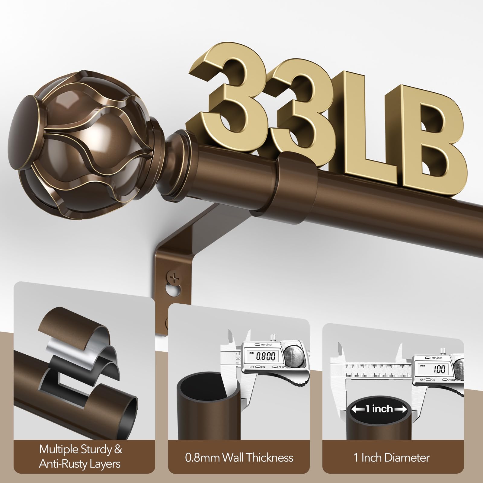 Long Bronze Curtain Rods - 2 Pack, 66-120 Inch -3 Long Bronze Curtain Rods - 2 Pack, 66-120 Inch -3