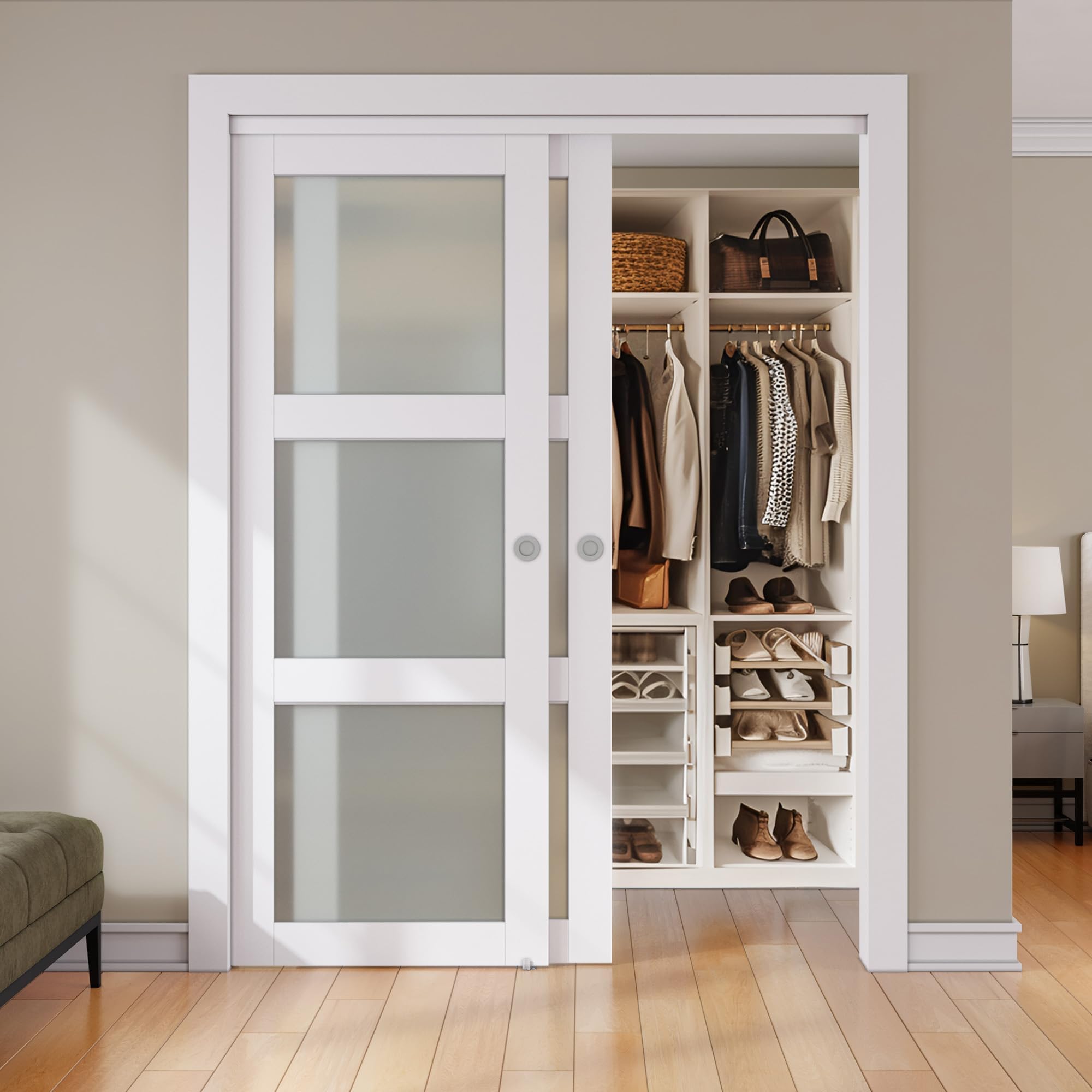 SMARTSTANDARD Sliding Closet Door 48"x80" Double Barn Doors 25" Sliding Door Frosted Glass Double Door with Hardware Kit Door Panel