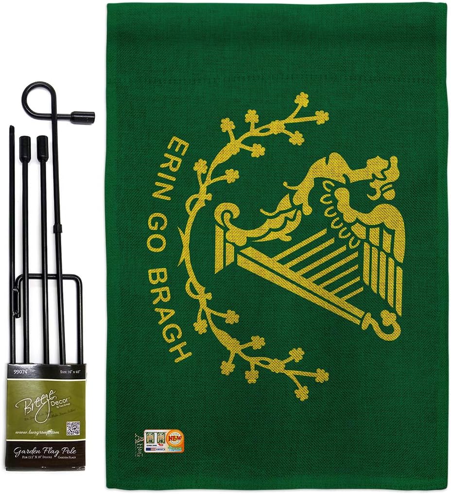 Erin go Bragh Garden Flag Set with Stand Regional Nation International World Country Particular Area Small Decorative Gift Yard House Banner Double-Sided Made In USA 13 X 18.5