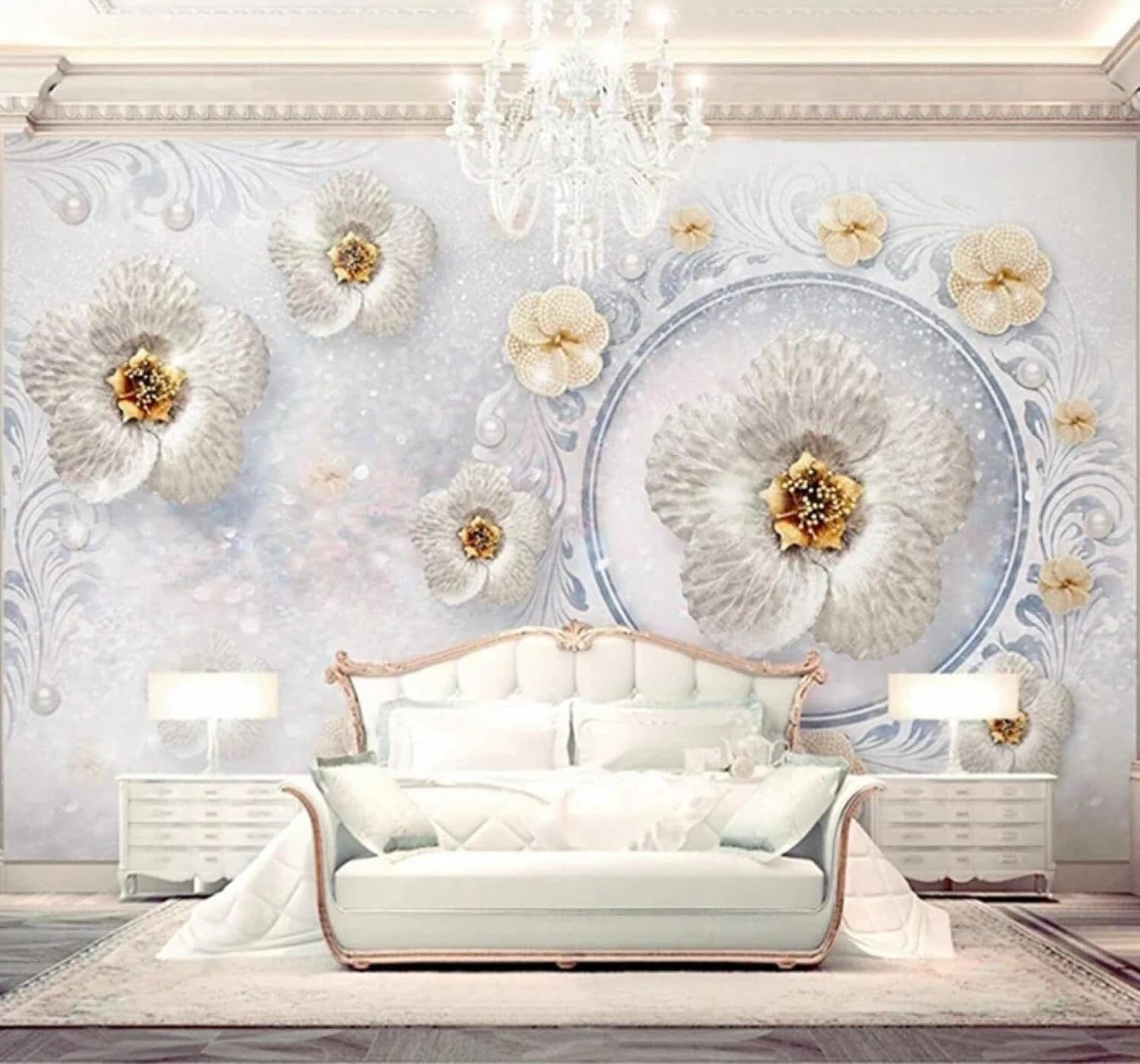 XLMING Exquisite Luxurious Jewellery Floral Circle 3D Wallpaper Silky Texture Home Study Office Grey Dining Room Sofa Bedroom Living Room TV Backdrop-250cm×170cm