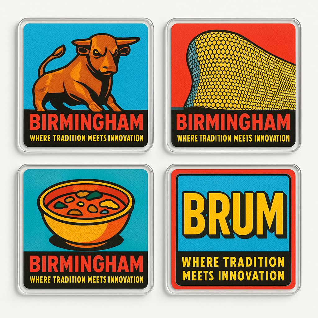 The Plum Penguin Brum Pop Essence Acrylic Coaster Gift Set Of 4 With Birmingham Pop-Art Design - Vibrant Home Decor For Local Enthusiasts