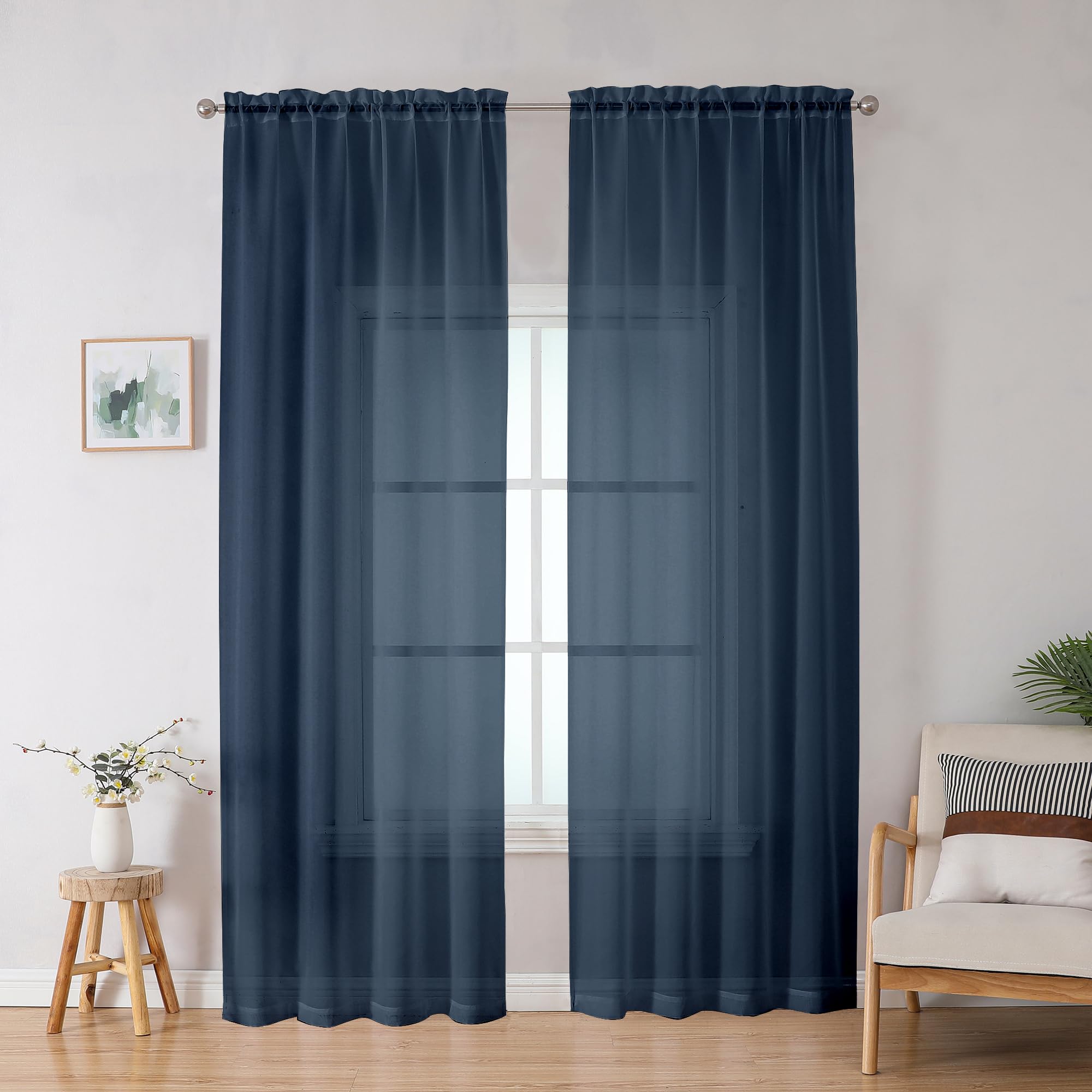 OWENIE Blue Sheer Curtains, Sheer Curtains 78 inches Long 2 Panels Set, Rod Pocket Voile Fimly Sheer Drapes for Living Room/Bedroom, 2pcs, Each 42" W x 78" L, Navy Blue