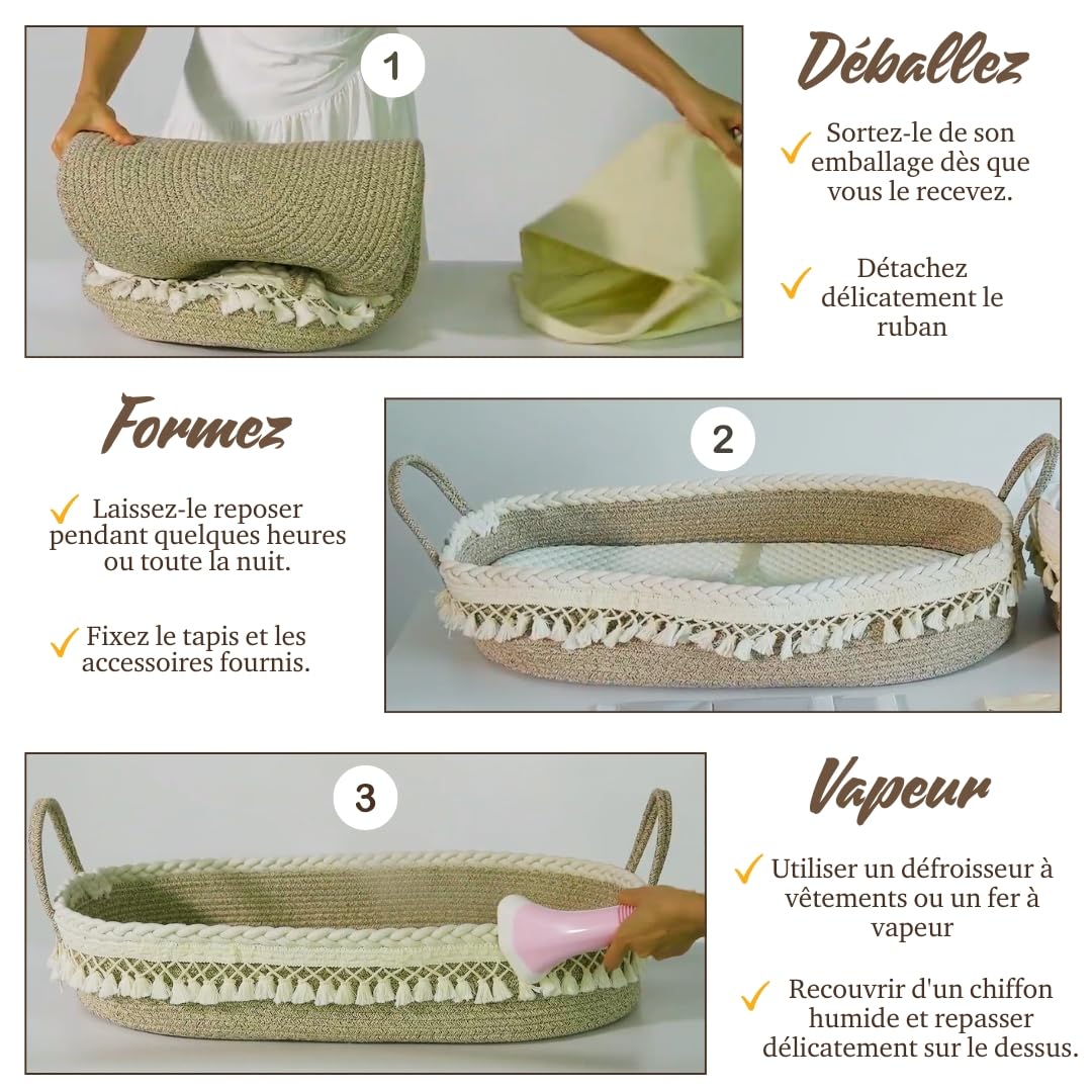 SEBRAM Panier à Langer Bébé – Matelas à Langer Portable et Imperméable, Panier de Change Tissé, Style Bohème Chic pour Table à Langer et Commode (Beige)