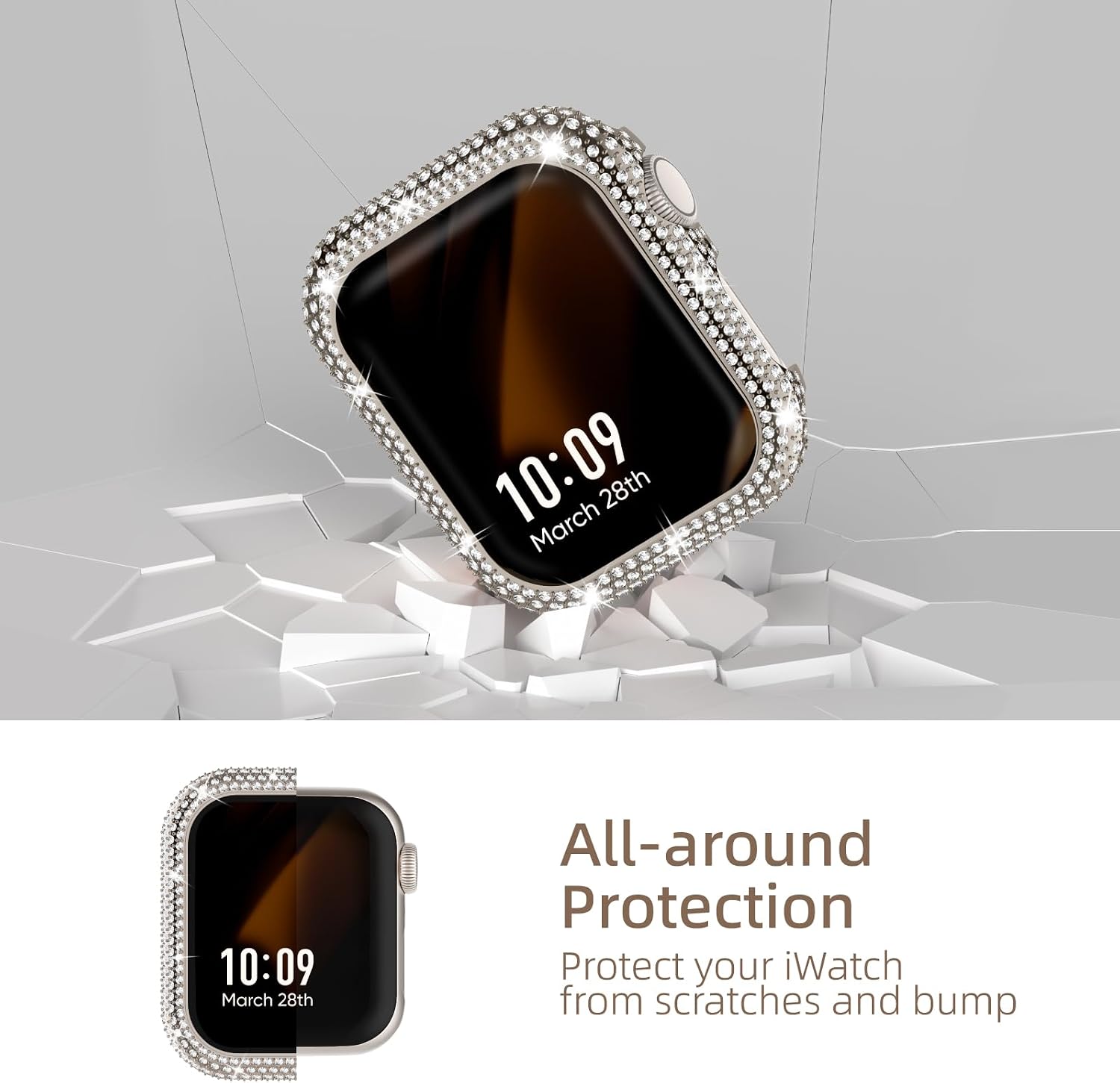 Missair Bling Case Compatible with Apple Watch Series 6 5 4 SE, Women Glitter Fully Crystal Diamond Frame Stainless Steel Metal Protective Cover Bumper for iWatch 44mm, Starlight image 5