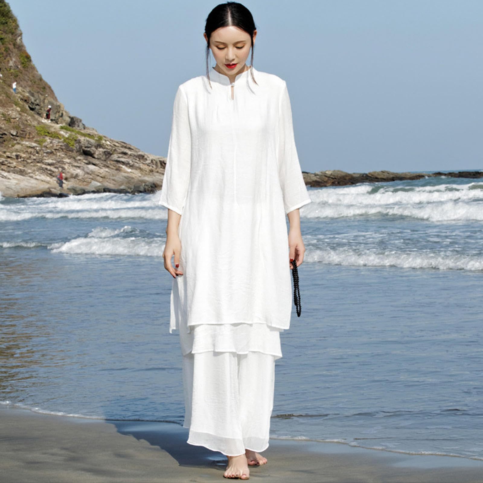 Conjunto de Ropa de Tai Chi para Mujer, Traje Tradicional Chino de Kung Fu, Algodón y Lino, Mangas Tres Cuartos, Uniforme de Artes Marciales para Meditación Zen Wing Chun,White-L
