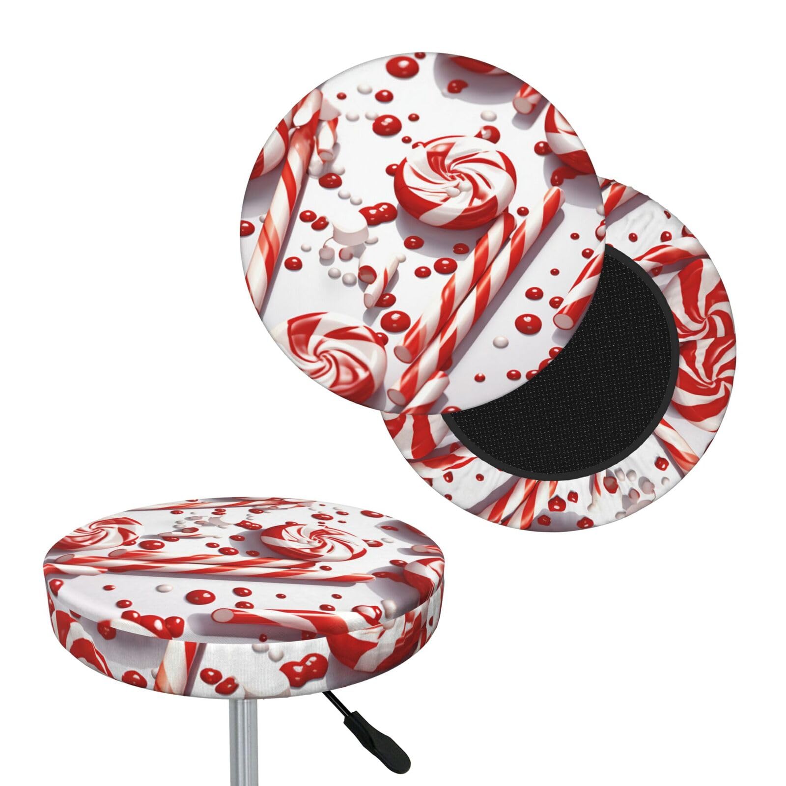 FodPand Candy Cane Bar Stool Cover Round Elastic Stool Cushion Covers Washable Bar Stool Chair Slipcover Stretch Stool Seat Covers for 12-14 Inch Chair