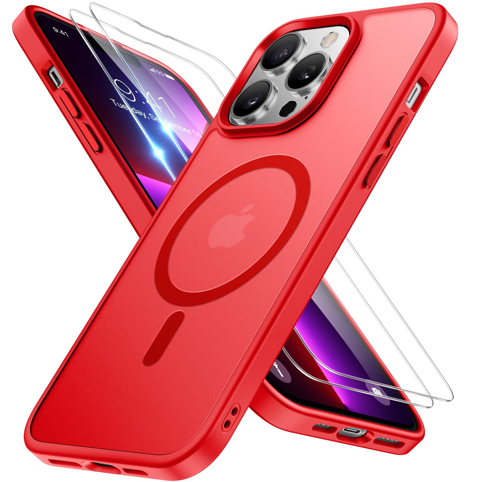 miracase Magnetic Series for iPhone 13 Pro Max Case [Compatible with MagSafe] [with 2X Screen Protectors] Military-Grade Protection, Anti-Fingerprint, Slim Phone Case for iPhone 13 Pro Max, Red