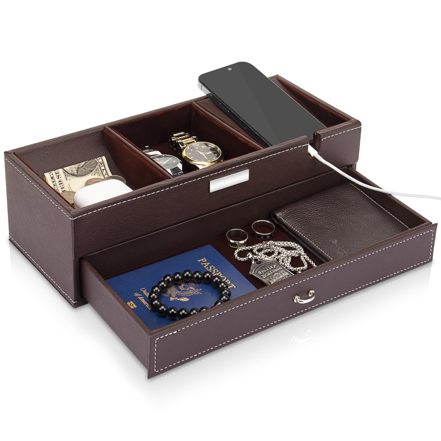 Brown Leather Charging Valet Station Luxury Mens Phone and Tablet Storage