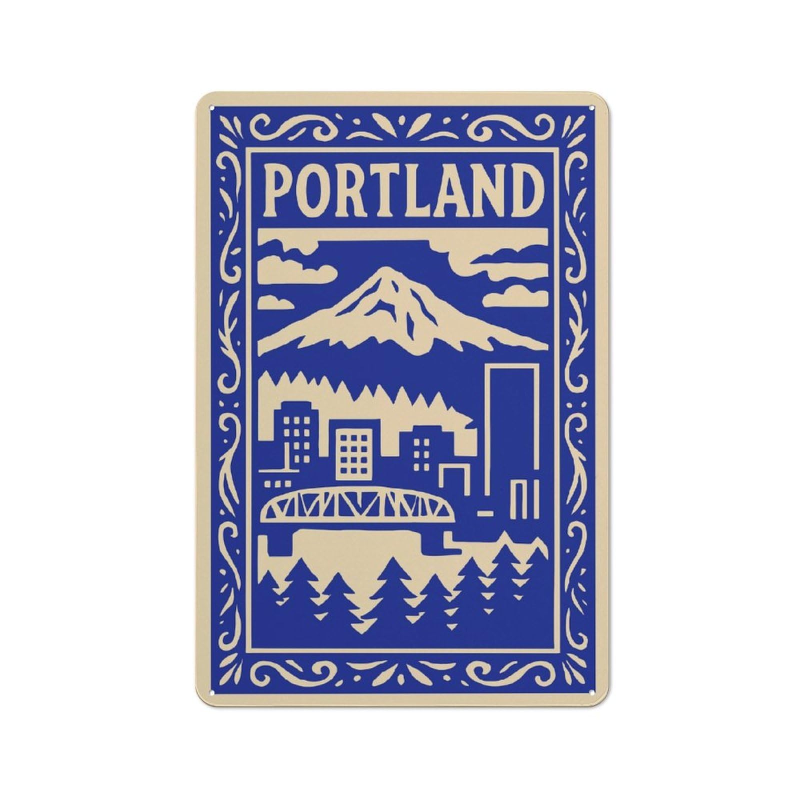 Junmoney Style Portland Cityscape With Mountain Printed Metal Sign 30X20cm For Dining Room Or Kitchen, For Kitchen Wall Decor Lovers