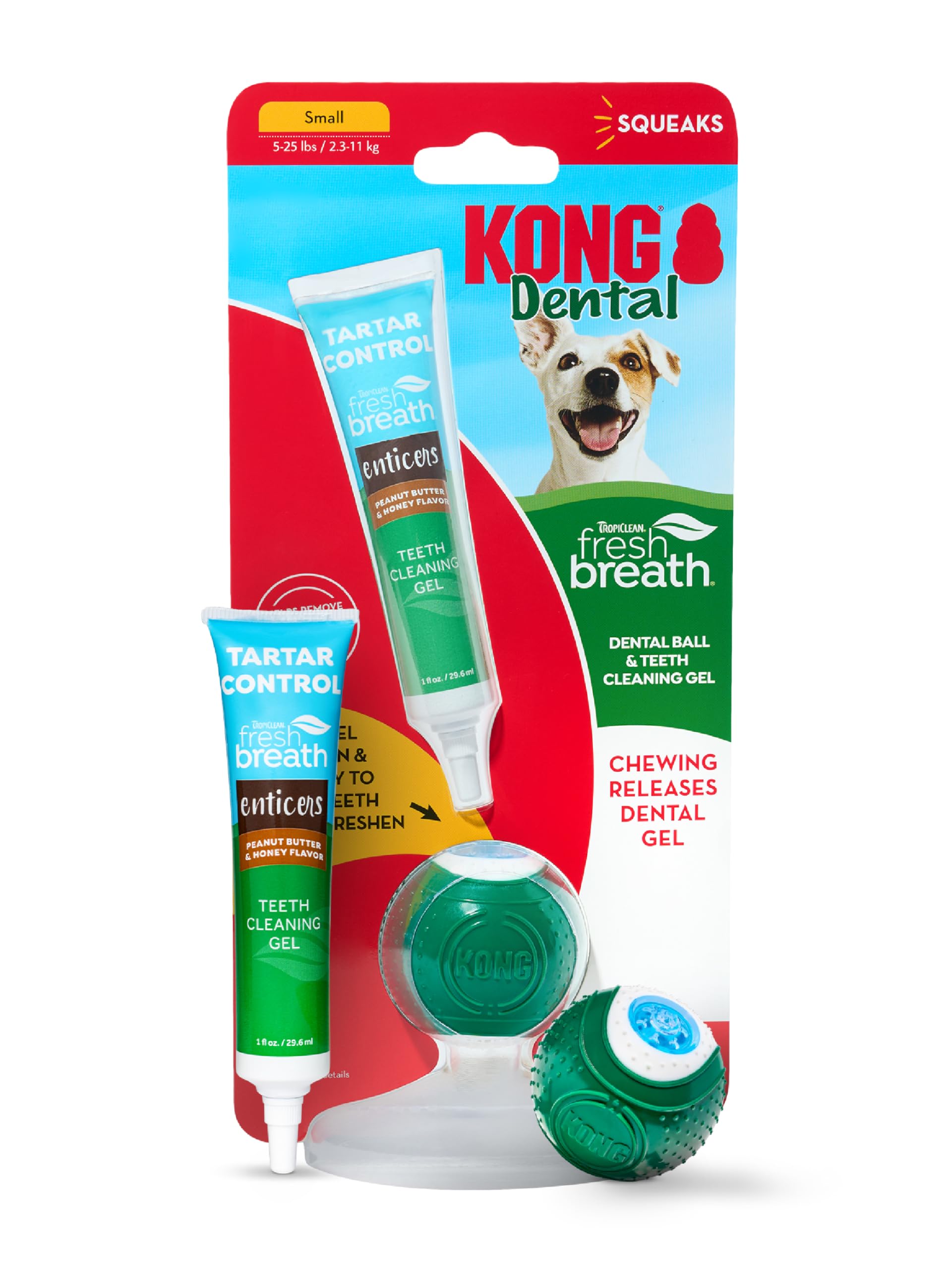 TropiClean Fresh Breath - KONG Dental Ball for Small Dogs - Dog Teeth Cleaning Kit - Removes Plaque - Peanut Butter & Honey Dog Toothpaste, 1oz