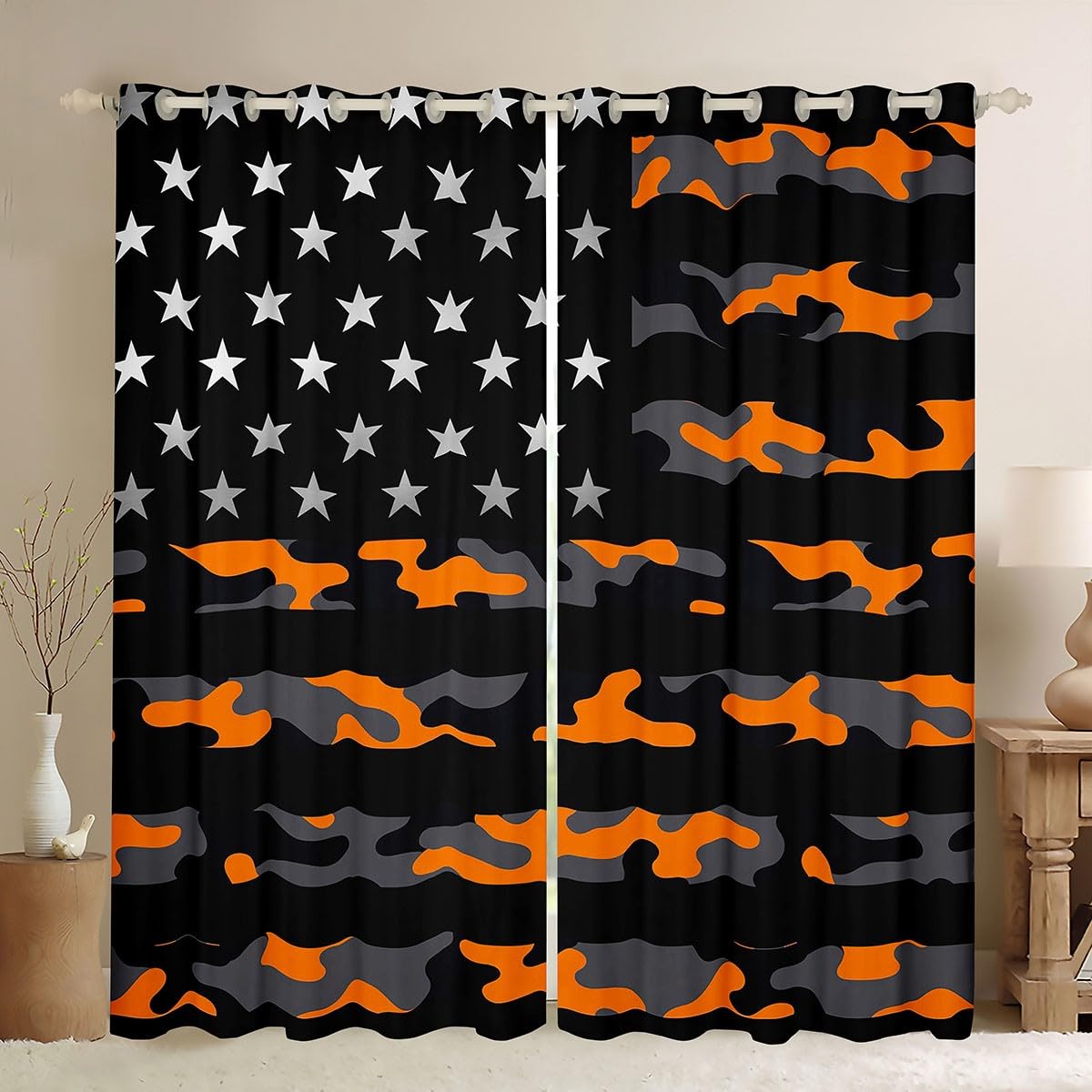 Camo American Flag Curtain,Orange Grey Black Camouflage Print Window Drapes for Girls Boys Teens,Stars Stripes Flag Window Treatment Curtains for Living Room and Bedroom, 38Wx45L inch