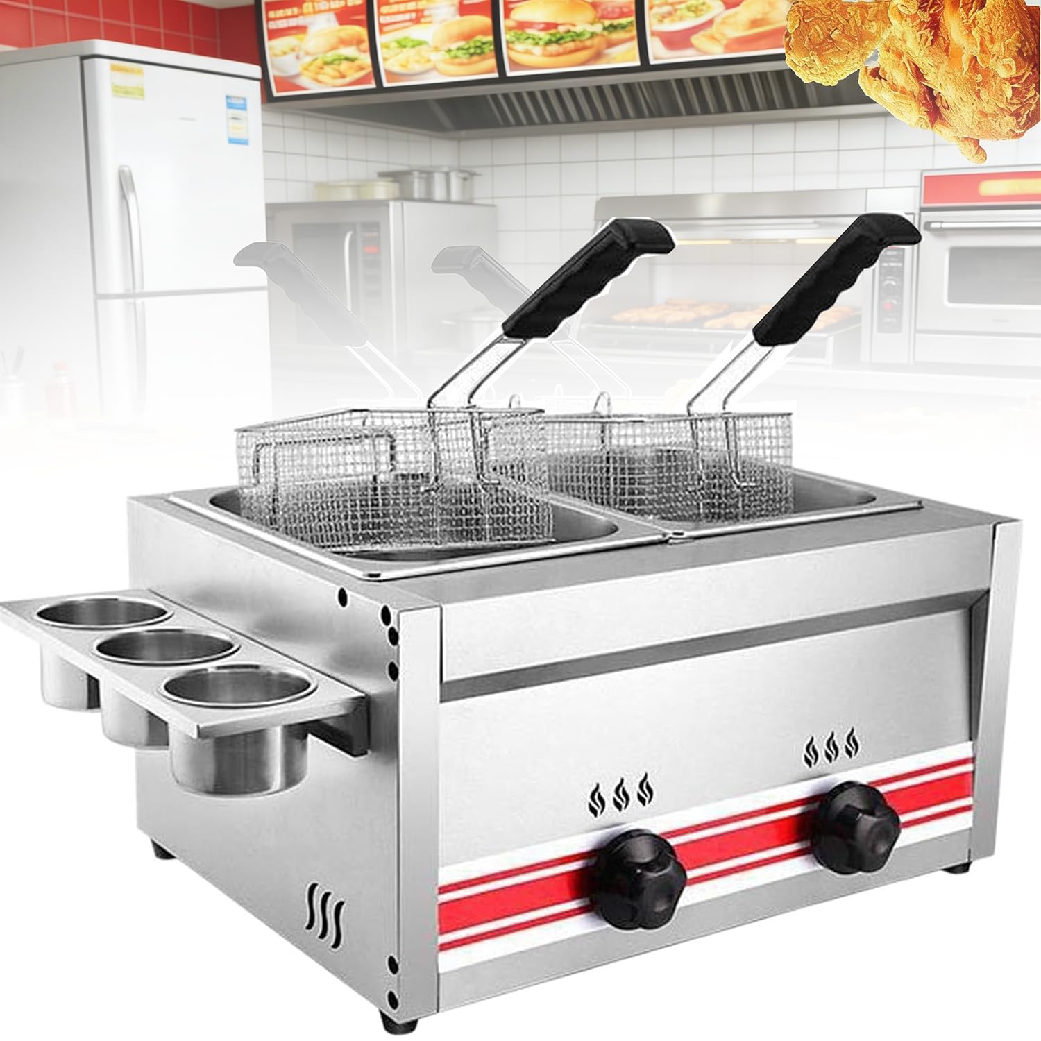 Freidora de gas comercial de acero inoxidable, tanque doble de 20 litros con 2 cestas y tapas, GLP de encimera, gas natural para papas fritas, donas, pescado, aperitivos