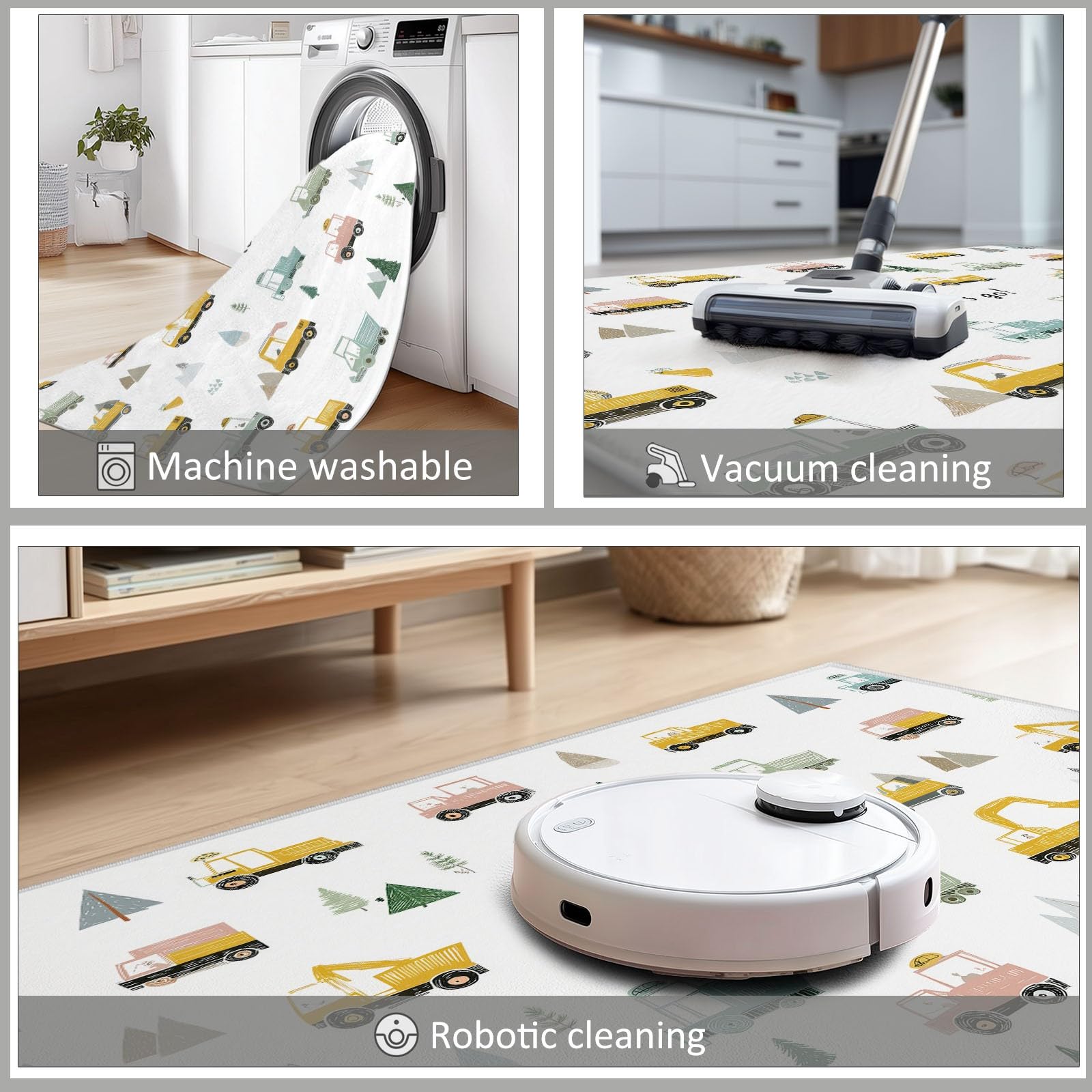 Tappeto Lavabile 80 x 150 cm Cartone Animato Veicolo Costruzione Alberi, Tappeto Antiscivolo Pelo Corto Bianco - Tappeti Antimacchia Resistente, Tappeti per Soggiorno Cameretta Bambini Animali