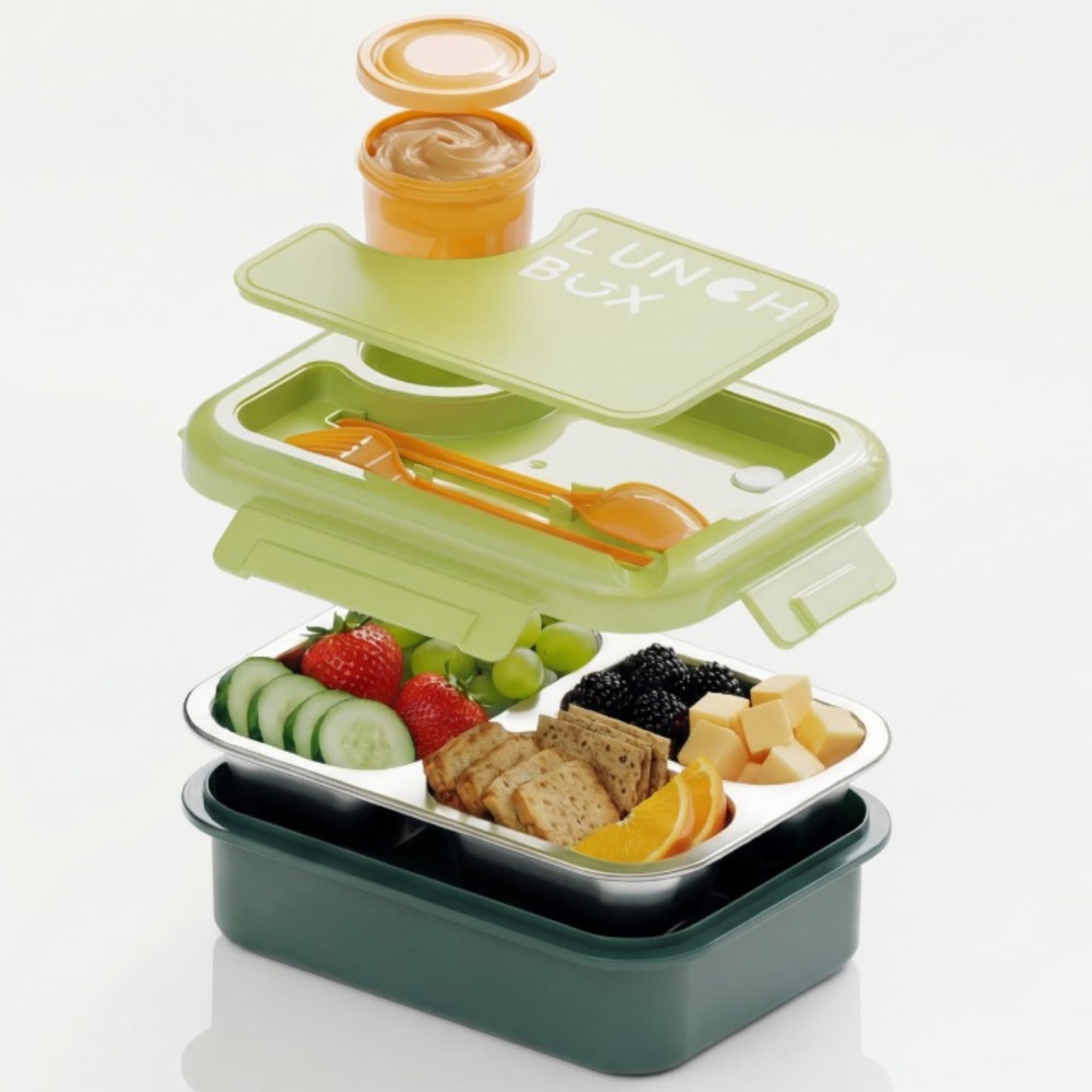 3 Compartment Stainless Steel Lunch Box for Adults & Kids, Leakproof Airtight Tiffin for School, Office, College, Travel, Durable Bento Food Container (Green)-image-40