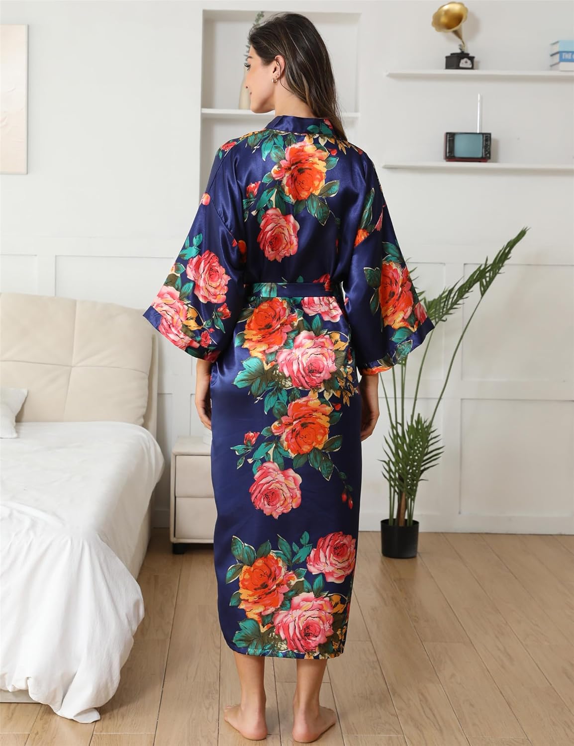 Women's Satin Kimono Robe Floral Long Silky Robes Bridal Kimonos Bridesmaid Party Dressing Gown - Image 2