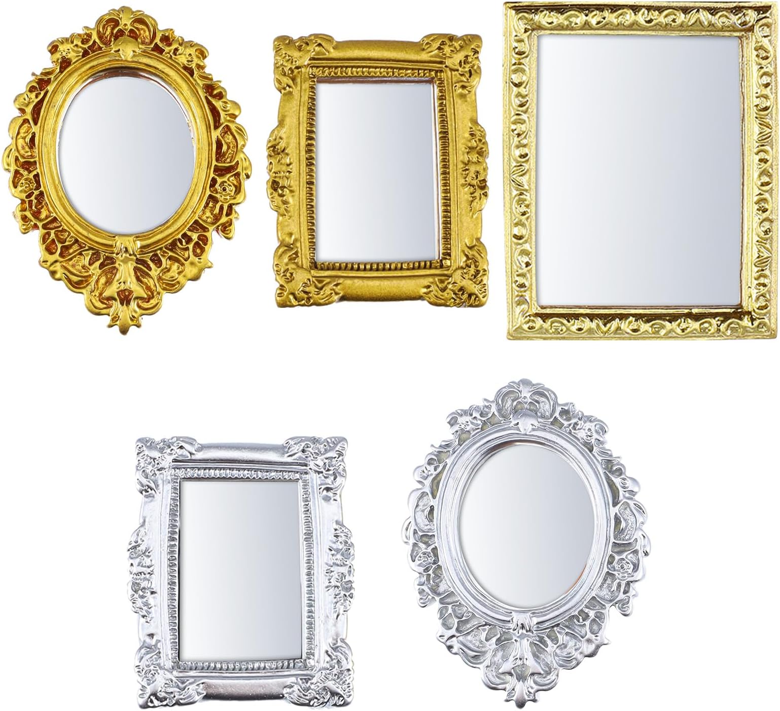 Sibba Mini Picture Frames 5 PCS Vintage Dollhouse Mirrors with Carved Golden Edges European Baroque Wall Decor Miniature Furniture Accessory for 1/12 Dollhouse Display Christmas Home Decor Gold&Silver