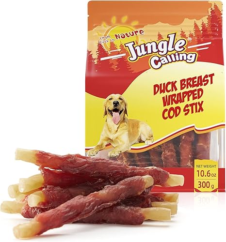 Jungle Calling Golosinas de bacalao envueltas en pato, golosinas para perros, bocadillos de entrenamiento sin cuero crudo para perros, golosinas