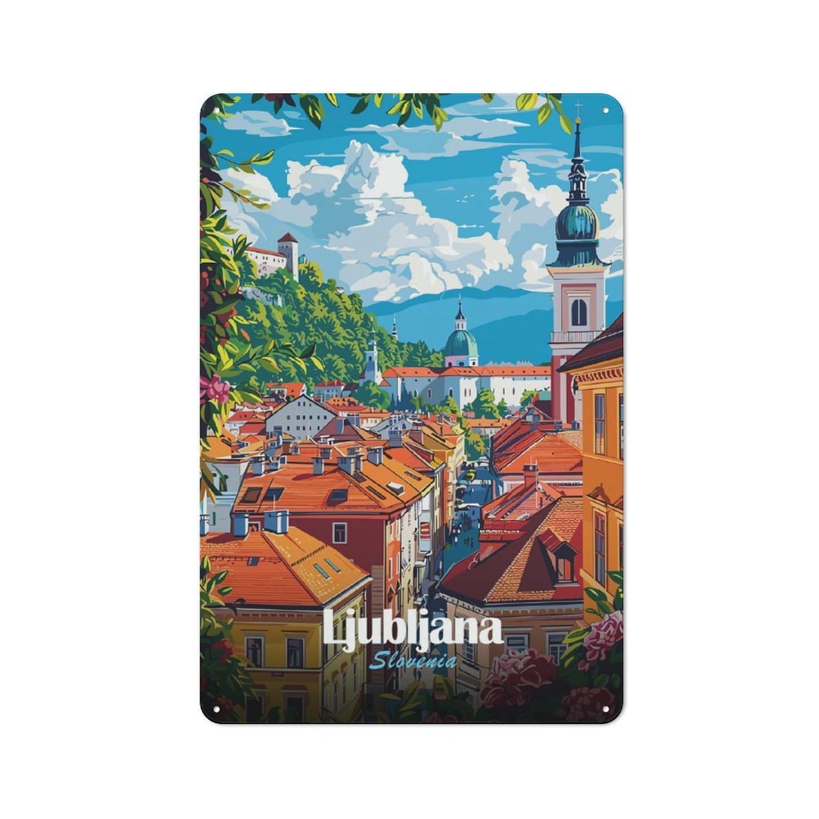 Junmoney Ljubljana, Slovenia Cityscape Illustration Tin Sign 30X20cm With For Workshop Wall, Retro Decor, For Vintage Wall Decor Fans, For Garage And Workshop Walls