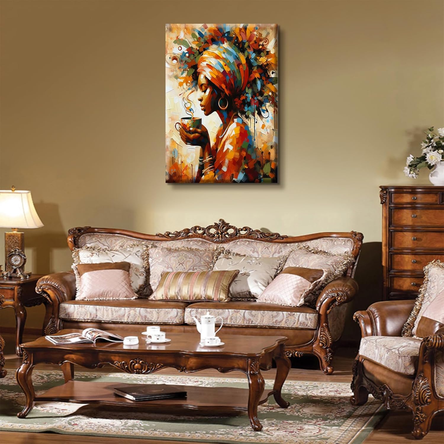 Black Woman Wall Art African American Wall Decor Coffee Girl Poster Print African Tribal Painting Picture for Living Room Bedroom Ready to Hang (16x24in Canvas)