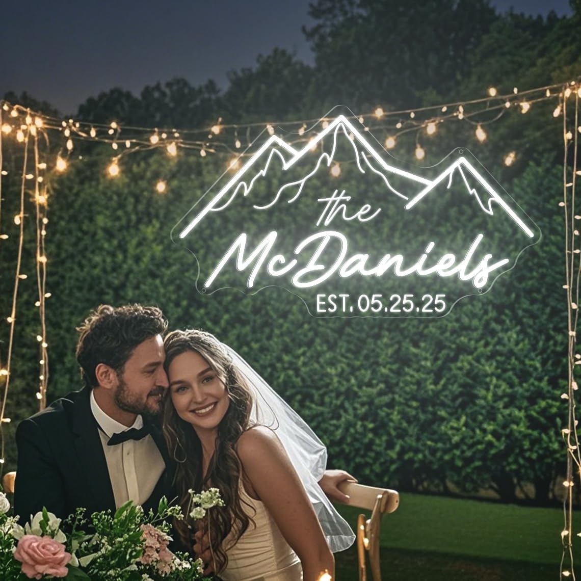 Large Custom Wedding Neon Sign, Personalised Mountain Led Light Signs for Wedding Reception, Neon Name Sign Customizable for Anniversary Bedroom Home Bar Shop Party Cafe Birthday Gifts — image 1