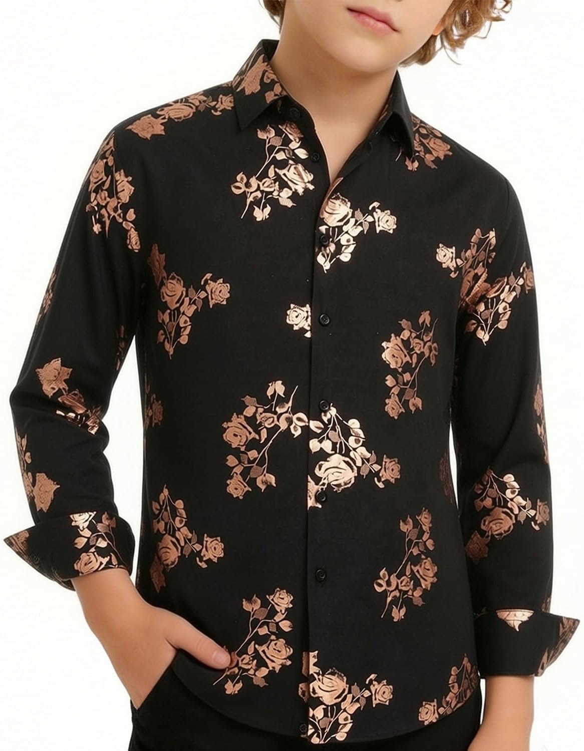 Hi-Tie Boys Hipster Luxrury Floral Paisley Printed Dress Shirts Long Sleeve Button Down Shiny Metallic Shirt for Disco Party