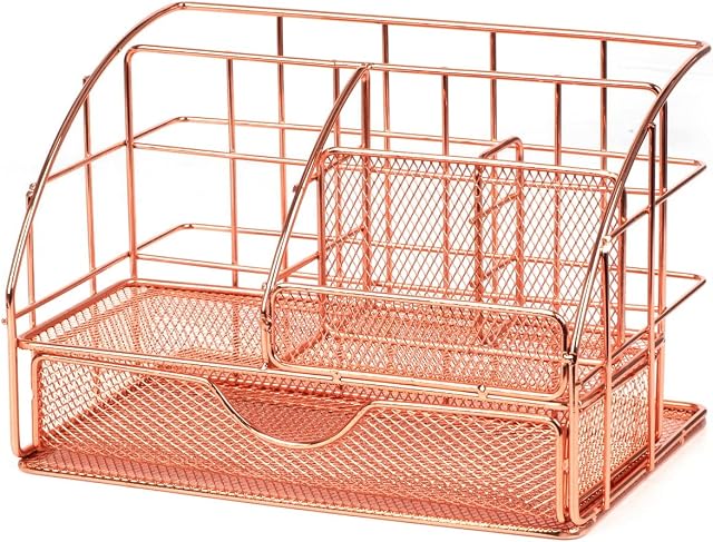 AyeVision Desk Drawer Organiser Rose Gold Desk Organiser Metal Desk Tidy Storage Desktop Organisation Pen Holder Storage Shelf for Stationary Remote control makeup