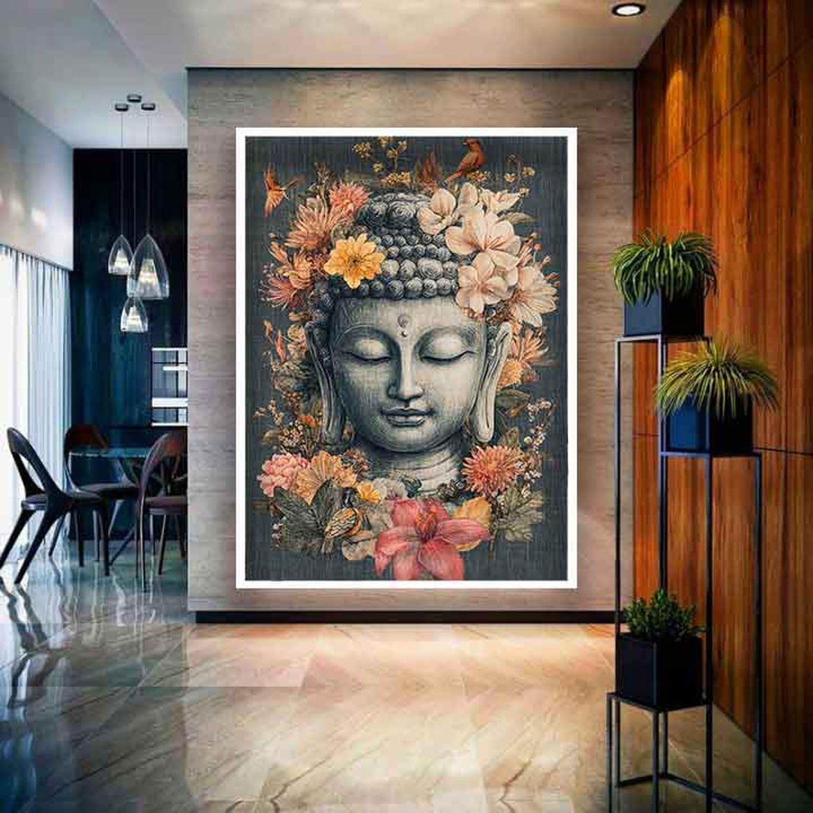 YUSUZHU Buddha Art Print, Flowers Canvas Art, Buddha Painting, Buddha Canvas, Buddha Wall Decor, Canvas, Buddha Canvas Wall Art(50x75cm/Frameless)