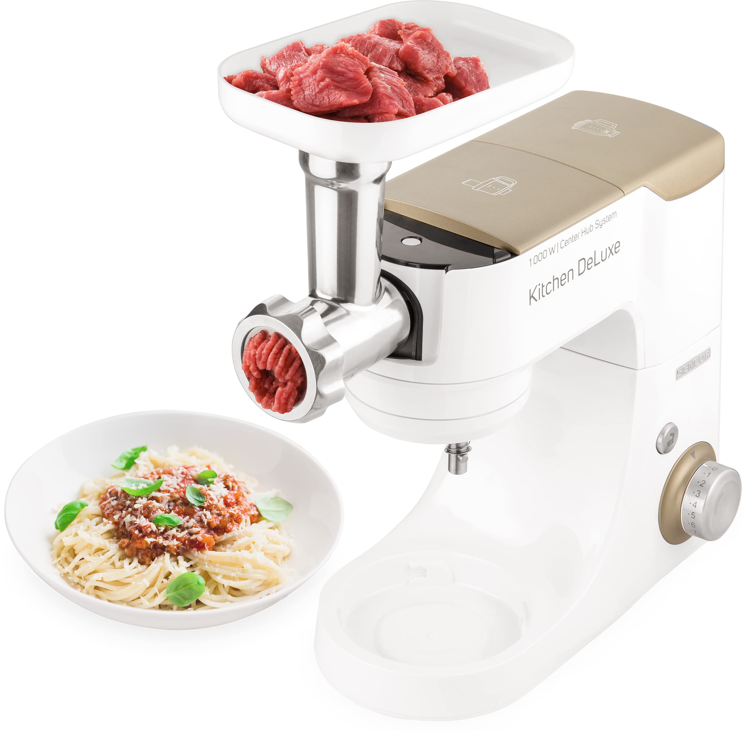 Sencor Robot da Cucina Planetaria Multifunzione Professionale - Potente 1000W, Completo di Accessori, Ciotola in Acciaio 4.5L, Illuminazione LED, Blender, Tritacarne, Salad Maker e molto altro