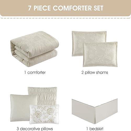 Miniatura 4 de Grand Avenue Juego de edredón de mezcla de algodón beige, elegante 7 piezas, ropa de cama jacquard floral tamaño Queen, para todas las estaciones,