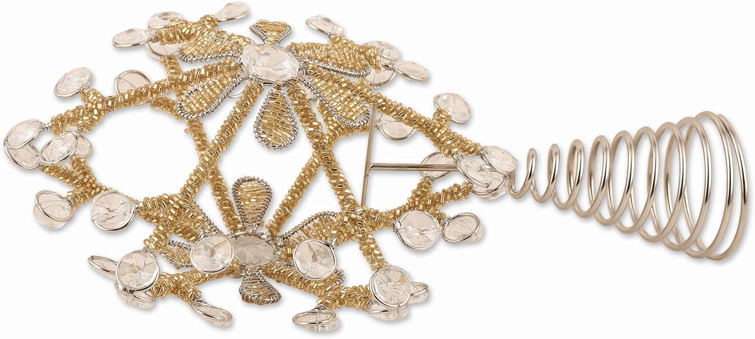 NOVICA Artisan Handcrafted Beaded Tree Topper Artisan Starshaped Gold Tone Clear Aluminumbead India Holiday Decor Ornaments Embellished Christmas [11in H x 7in W x 4.3in D] ' Sparkling Holiday'